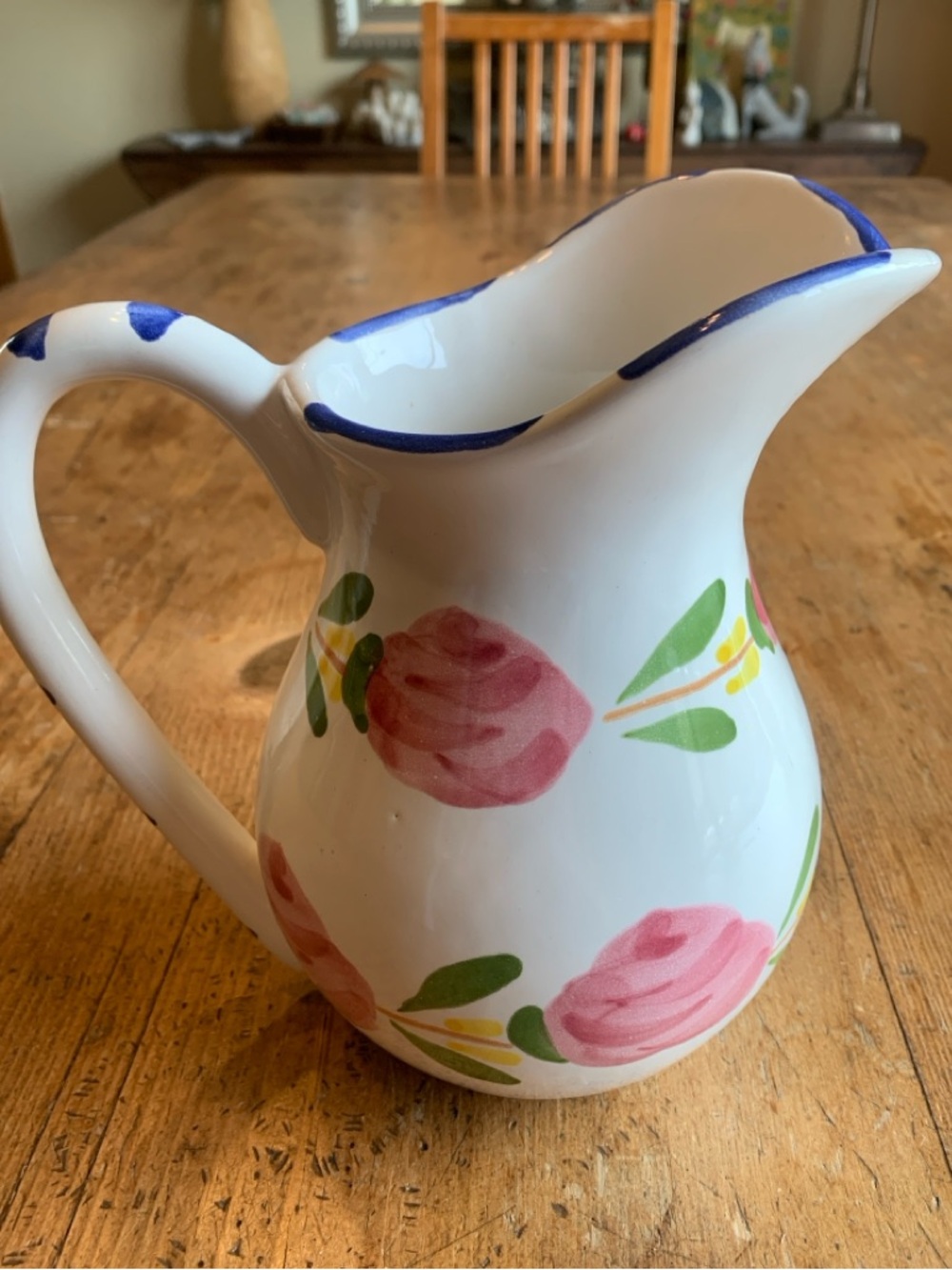 Pottery Barn Hand-Painted Floral Ceramic Pitcher in White and Pink